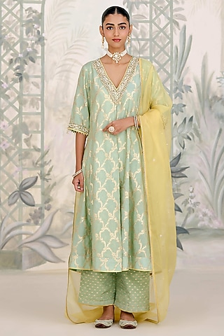 Smoke Green Banarasi Brocade Zardosi Embroidered Kurta Set by Shyam Narayan Prasad