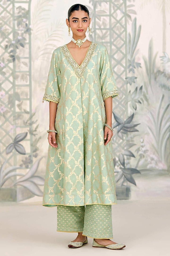 Smoke Green Banarasi Brocade Zardosi Embroidered Kurta Set by Shyam Narayan Prasad at Pernia's Pop Up Shop