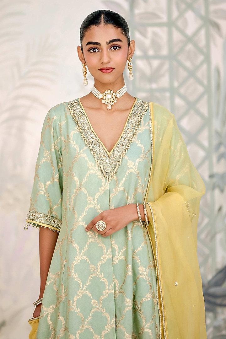 Smoke Green Banarasi Brocade Zardosi Embroidered Kurta Set by Shyam Narayan Prasad at Pernia's Pop Up Shop