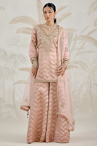 Old Rose Pink Silk Brocade Zardosi Embroidered Sharara Set by Shyam Narayan Prasad