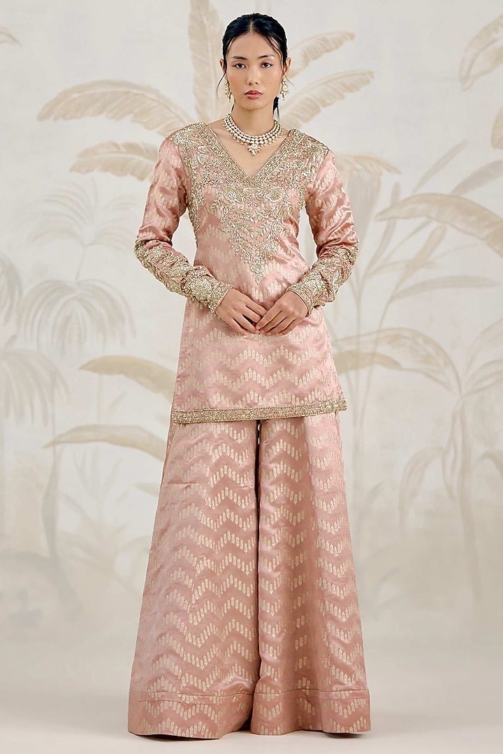 Old Rose Pink Silk Brocade Zardosi Embroidered Wedding Sharara Set by Shyam Narayan Prasad at Pernia's Pop Up Shop