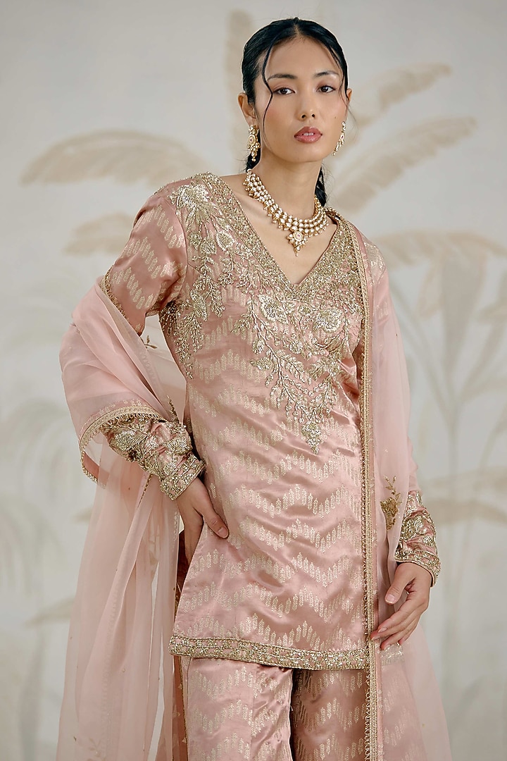 Old Rose Pink Silk Brocade Zardosi Embroidered Wedding Sharara Set by Shyam Narayan Prasad at Pernia's Pop Up Shop