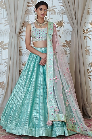 Sea Blue Embroidered Lehenga Set by Shyam Narayan Prasad
