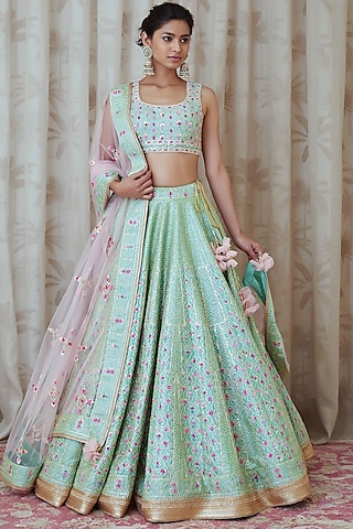 Sea Green Embroidered Lehenga Set by Shyam Narayan Prasad