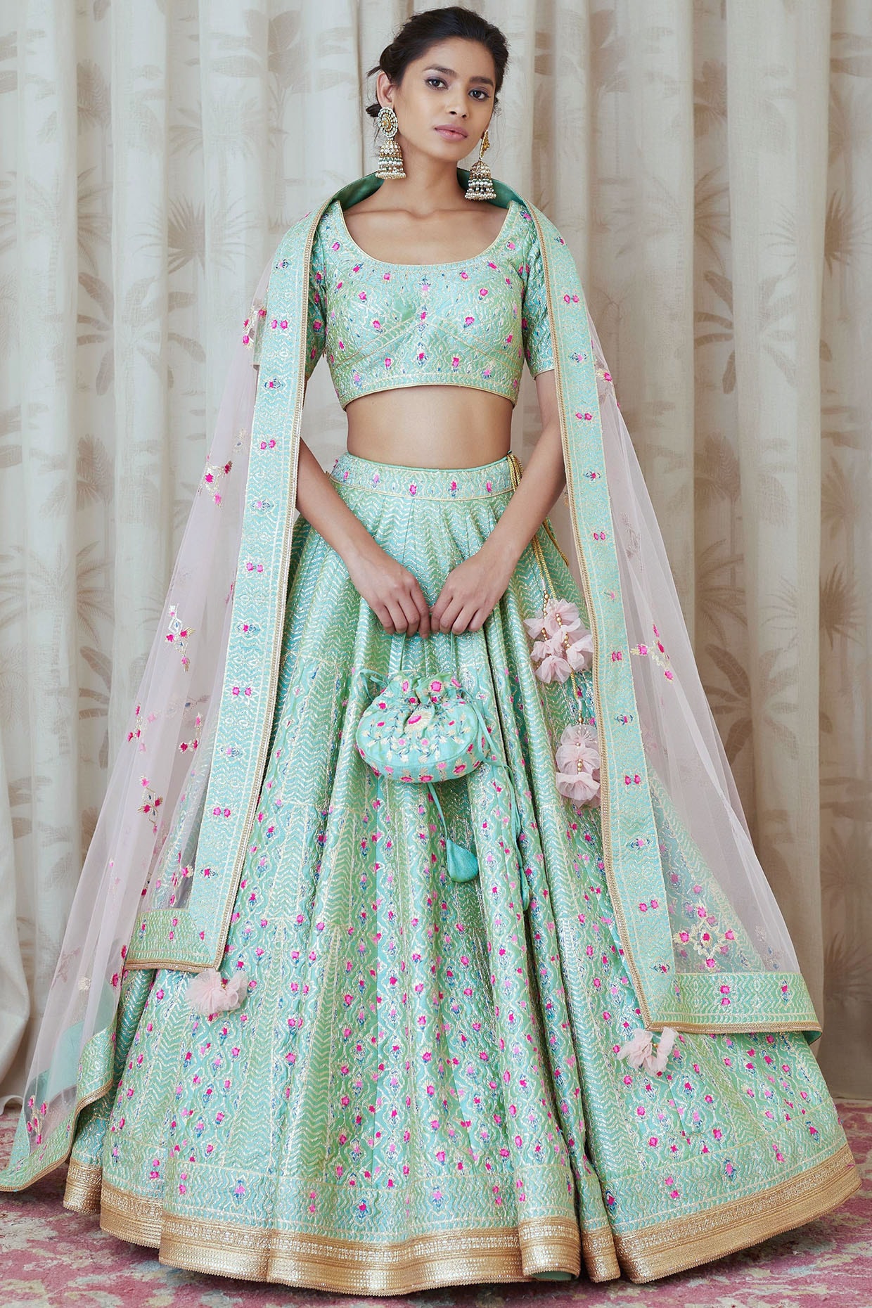 Sea Green Color Organza Fabric Reception Wear Lehenga Choli