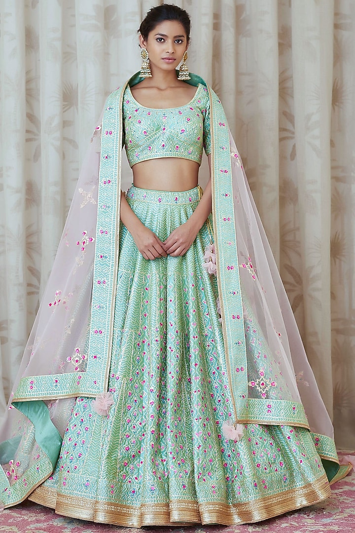 Sea Green Thread Embroidered Wedding Lehenga Set by Shyam Narayan Prasad at Pernia's Pop Up Shop