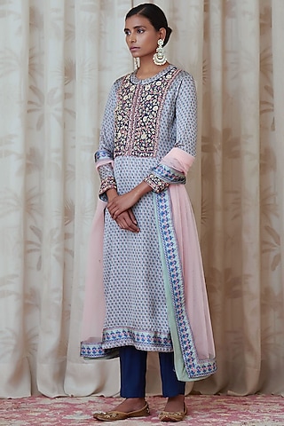 Blue & Grey Embroidered Kurta Set by Shyam Narayan Prasad