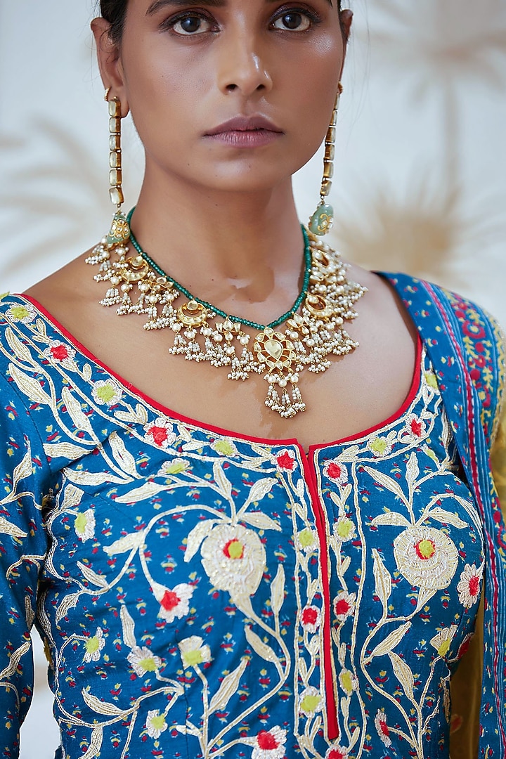 Teal Blue Printed & Embroidered Kurta Set by Shyam Narayan Prasad at Pernia's Pop Up Shop