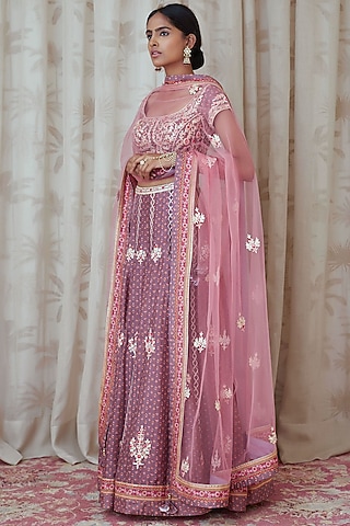 Purple Printed & Embroidered Lehenga Set by Shyam Narayan Prasad