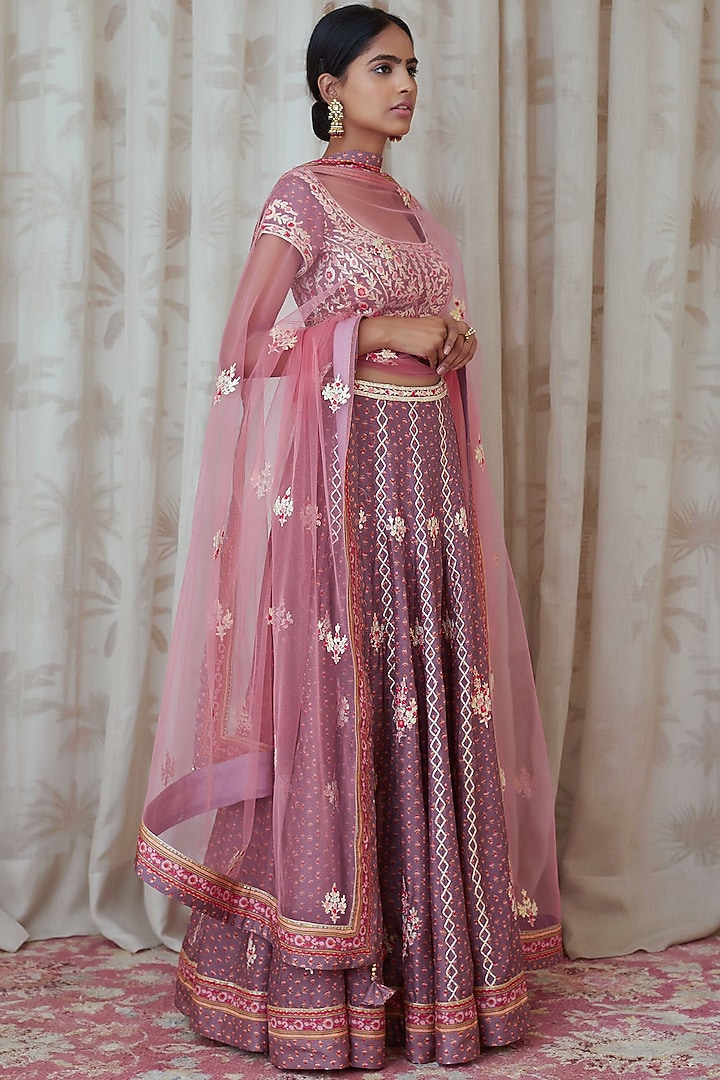 Purple Printed & Embroidered Wedding Lehenga Set by Shyam Narayan Prasad at Pernia's Pop Up Shop