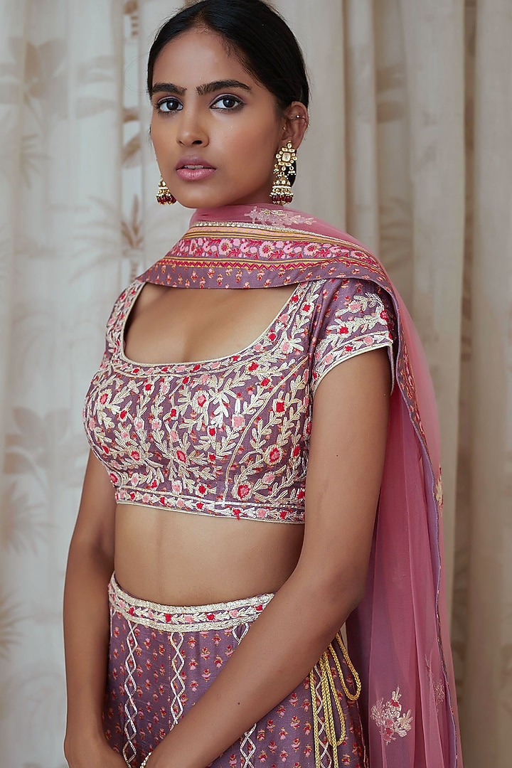 Purple Printed & Embroidered Wedding Lehenga Set by Shyam Narayan Prasad at Pernia's Pop Up Shop