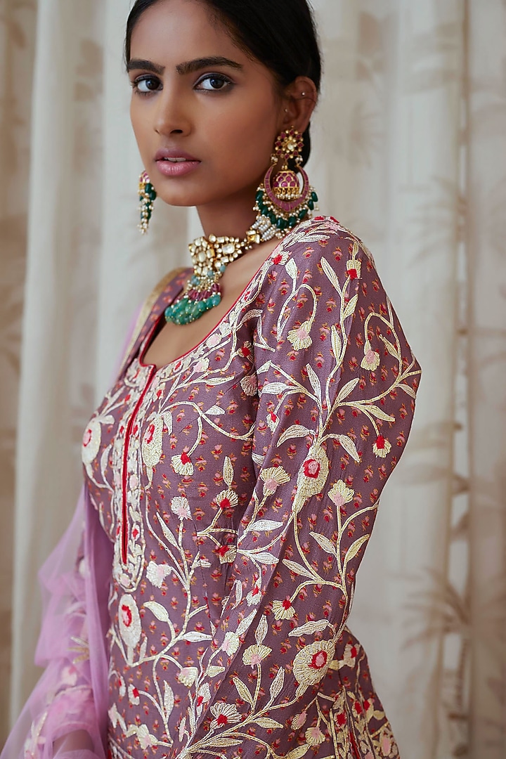 Neutral Purple Embroidered & Printed Kurta Set by Shyam Narayan Prasad at Pernia's Pop Up Shop