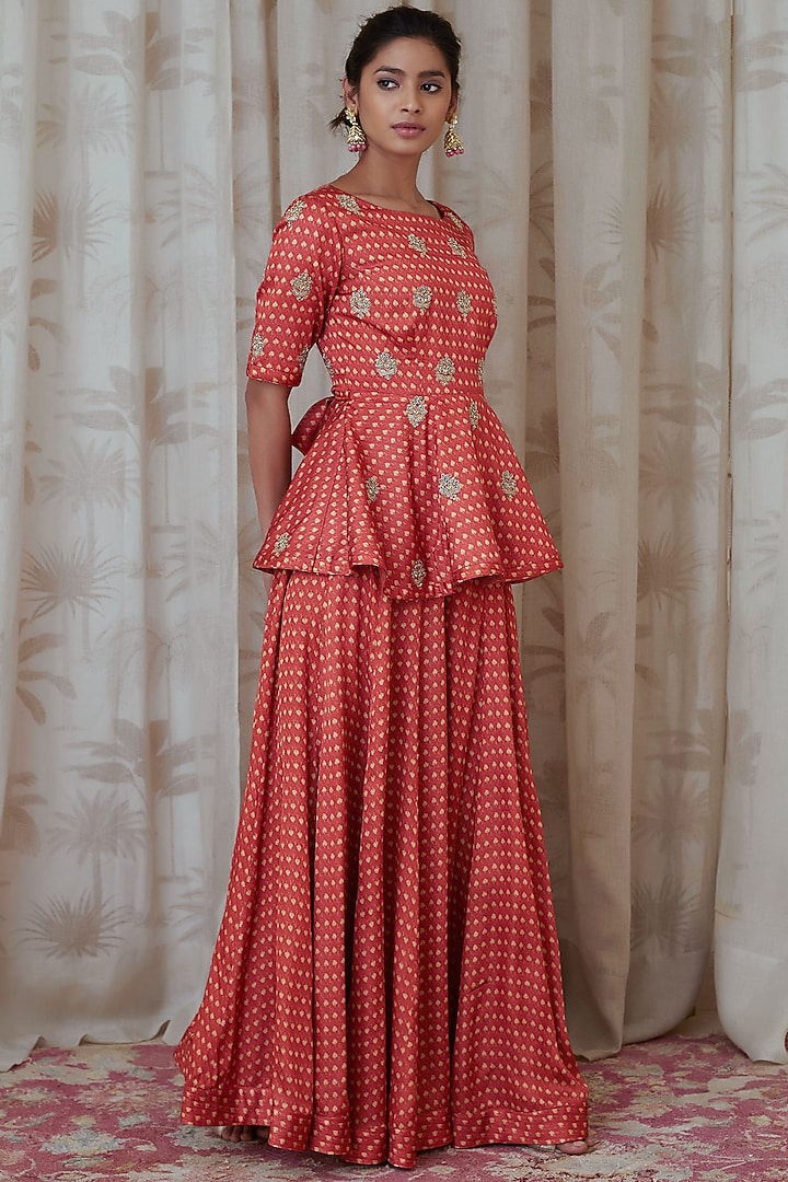 Orange Cotton Satin Block Printed Flared Pant Set by Shyam Narayan Prasad at Pernia's Pop Up Shop