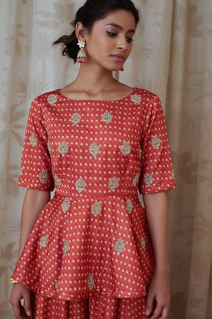 Orange Cotton Satin Block Printed Flared Pant Set by Shyam Narayan Prasad at Pernia's Pop Up Shop
