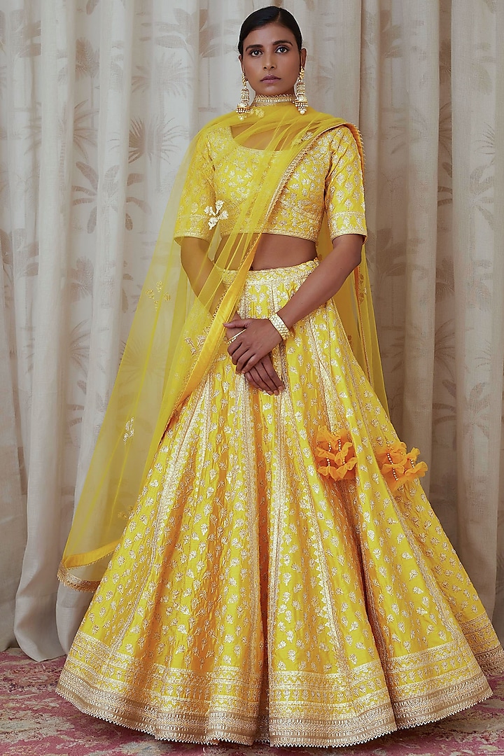 Yellow Embroidered Multi Panelled Lehenga Set by Shyam Narayan Prasad