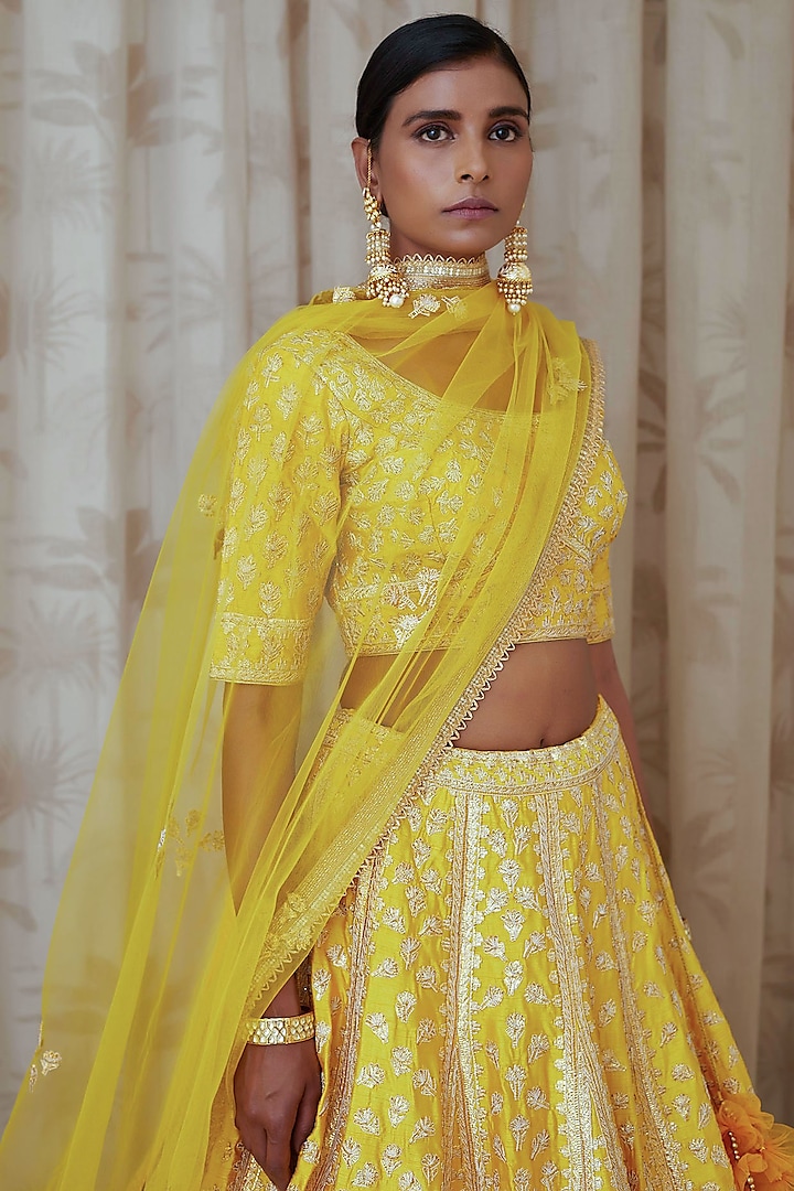 Yellow Embroidered Multi Panelled Lehenga Set Design by Shyam