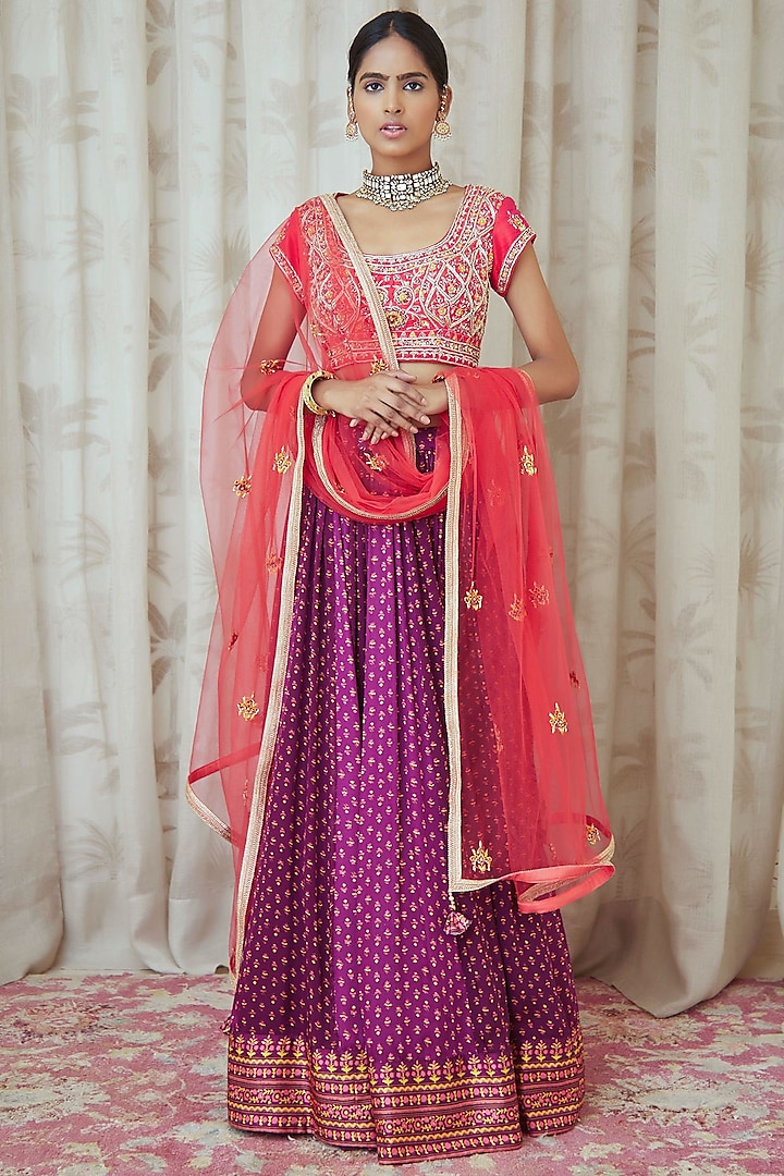 Purple Printed & Embroidered Wedding Lehenga Set by Shyam Narayan Prasad at Pernia's Pop Up Shop