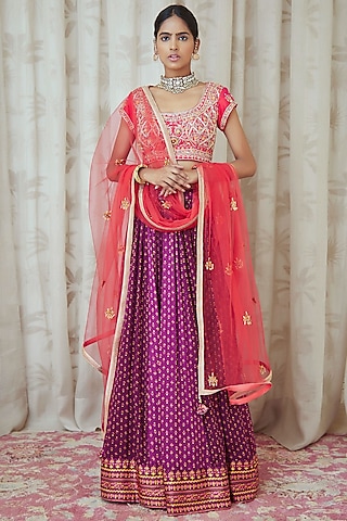 Purple Printed & Embroidered Lehenga Set by Shyam Narayan Prasad