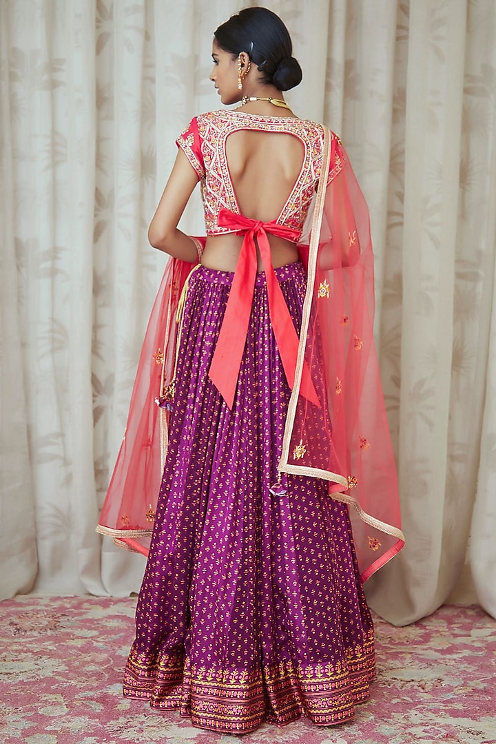 Purple Printed & Embroidered Wedding Lehenga Set by Shyam Narayan Prasad at Pernia's Pop Up Shop