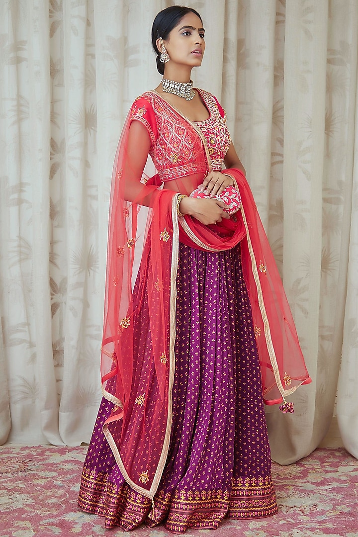 Purple Printed & Embroidered Wedding Lehenga Set by Shyam Narayan Prasad at Pernia's Pop Up Shop