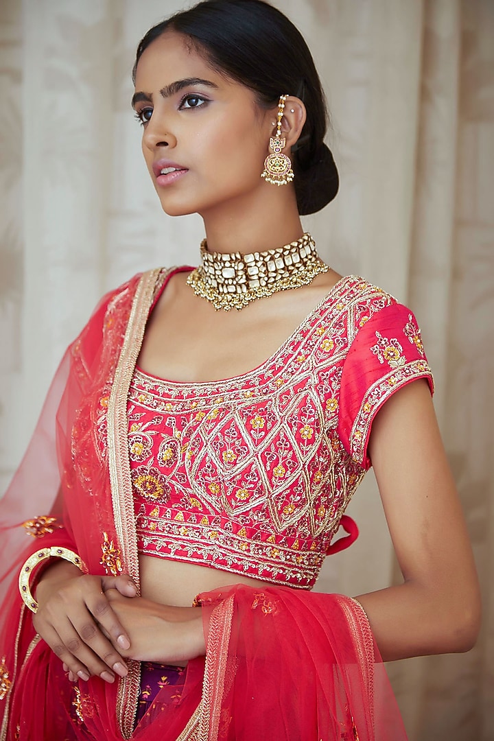Purple Printed & Embroidered Wedding Lehenga Set by Shyam Narayan Prasad at Pernia's Pop Up Shop