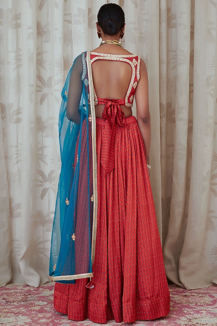 Orange Embroidered & Printed Wedding Lehenga Set by Shyam Narayan Prasad at Pernia's Pop Up Shop
