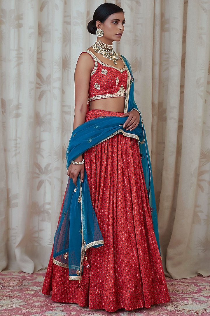 Orange Embroidered & Printed Wedding Lehenga Set by Shyam Narayan Prasad at Pernia's Pop Up Shop