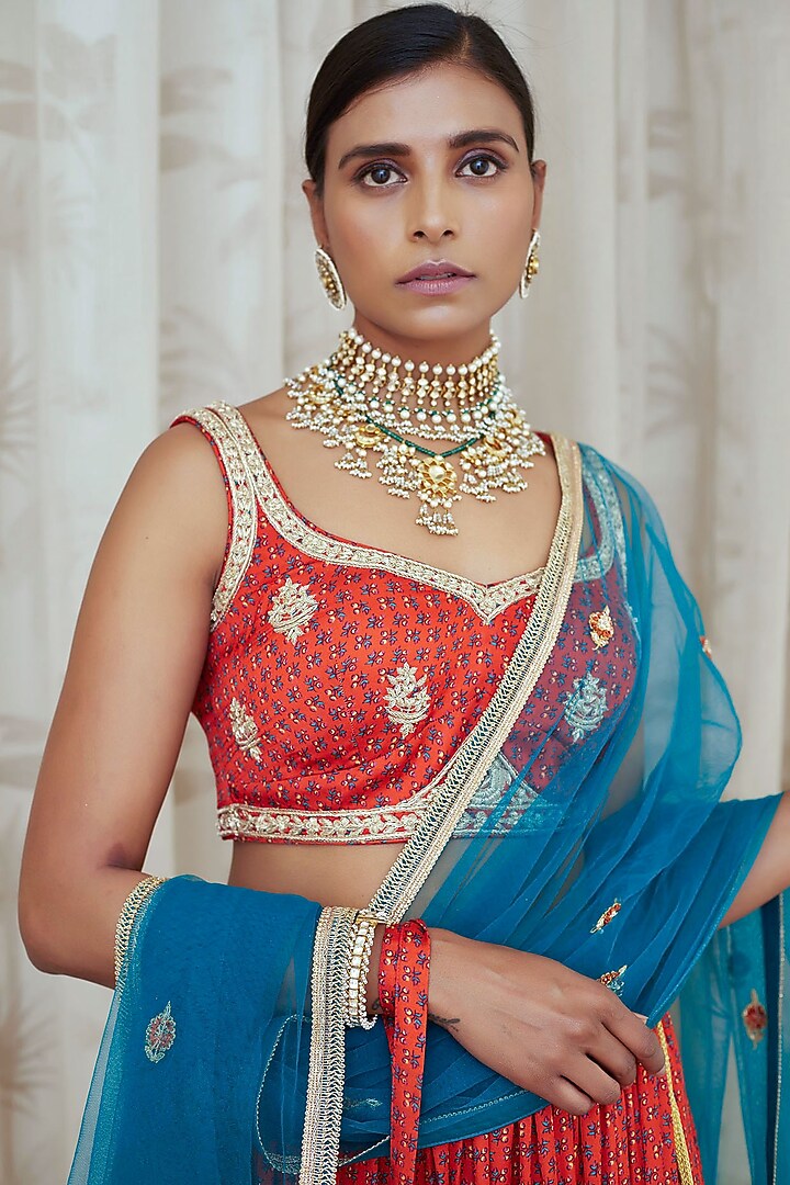 Orange Embroidered & Printed Wedding Lehenga Set by Shyam Narayan Prasad at Pernia's Pop Up Shop