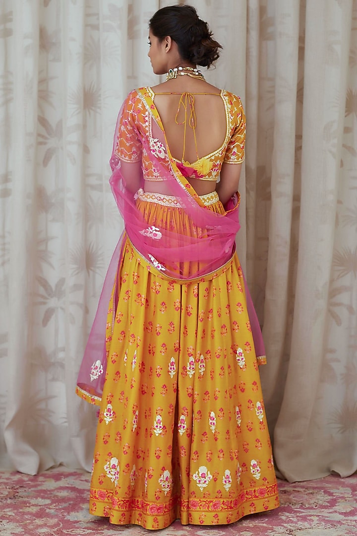 Mustard Embroidered & Printed Wedding Lehenga Set by Shyam Narayan Prasad at Pernia's Pop Up Shop