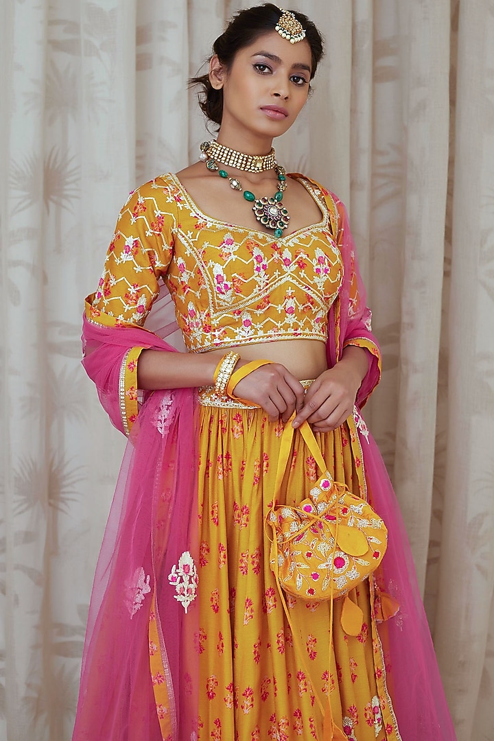 Mustard Embroidered & Printed Wedding Lehenga Set by Shyam Narayan Prasad at Pernia's Pop Up Shop