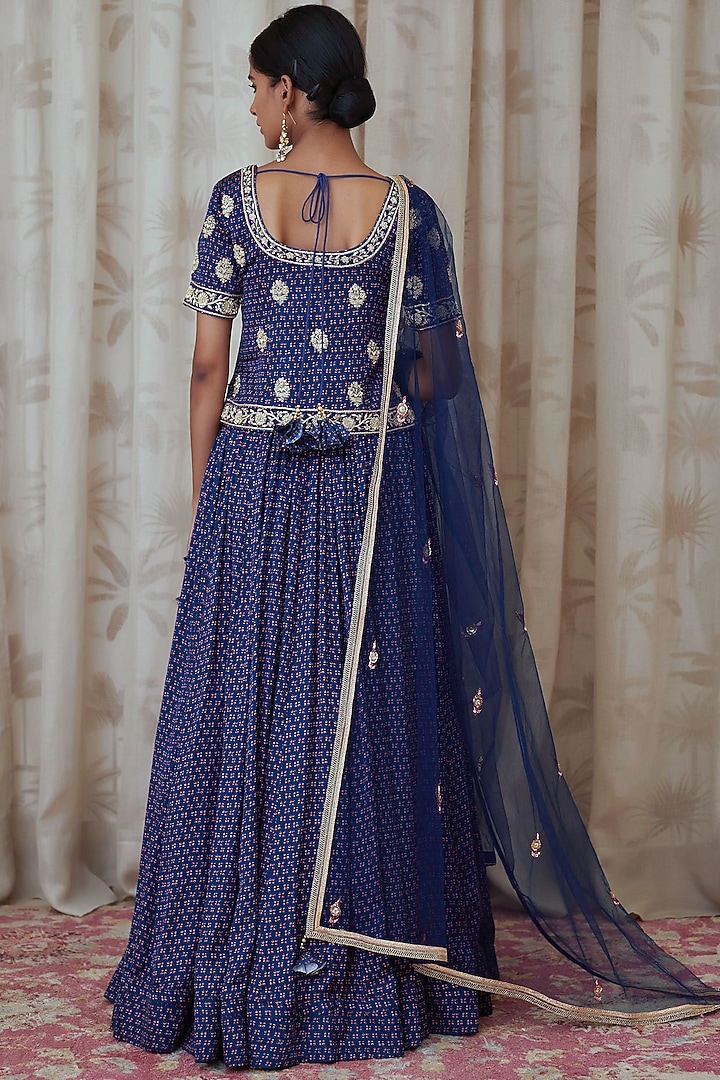 Blue Embroidered & Printed Wedding Lehenga Set by Shyam Narayan Prasad at Pernia's Pop Up Shop