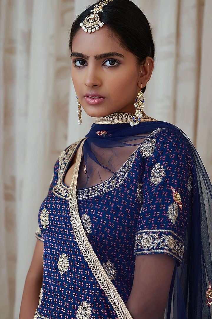 Blue Embroidered & Printed Wedding Lehenga Set by Shyam Narayan Prasad at Pernia's Pop Up Shop