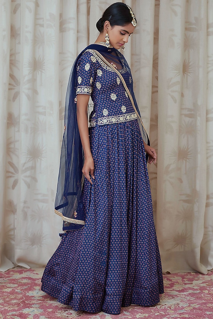 Blue Embroidered & Printed Wedding Lehenga Set by Shyam Narayan Prasad at Pernia's Pop Up Shop