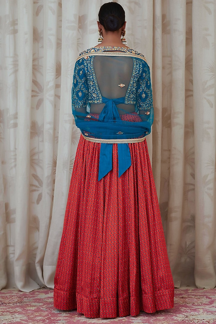 Teal Blue & Orange Embroidered Wedding Lehenga Set by Shyam Narayan Prasad at Pernia's Pop Up Shop