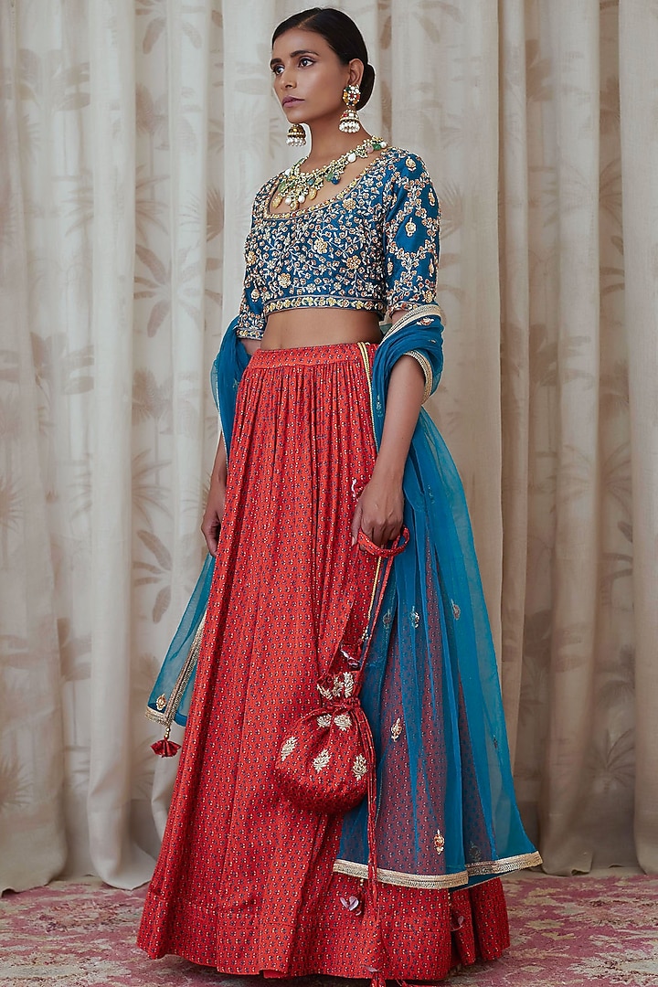 Teal Blue & Orange Embroidered Wedding Lehenga Set by Shyam Narayan Prasad at Pernia's Pop Up Shop