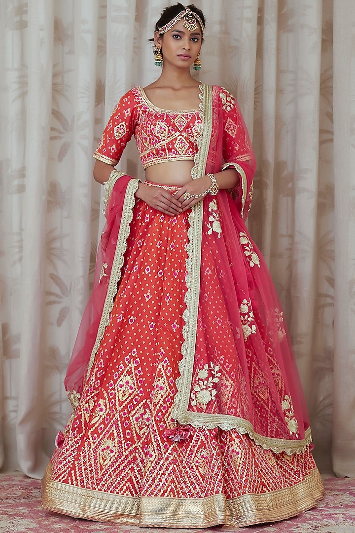 Rust Orange Embroidered Lehenga Set by Shyam Narayan Prasad