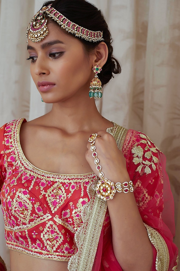 Rust Orange Embroidered Wedding Lehenga Set by Shyam Narayan Prasad at Pernia's Pop Up Shop