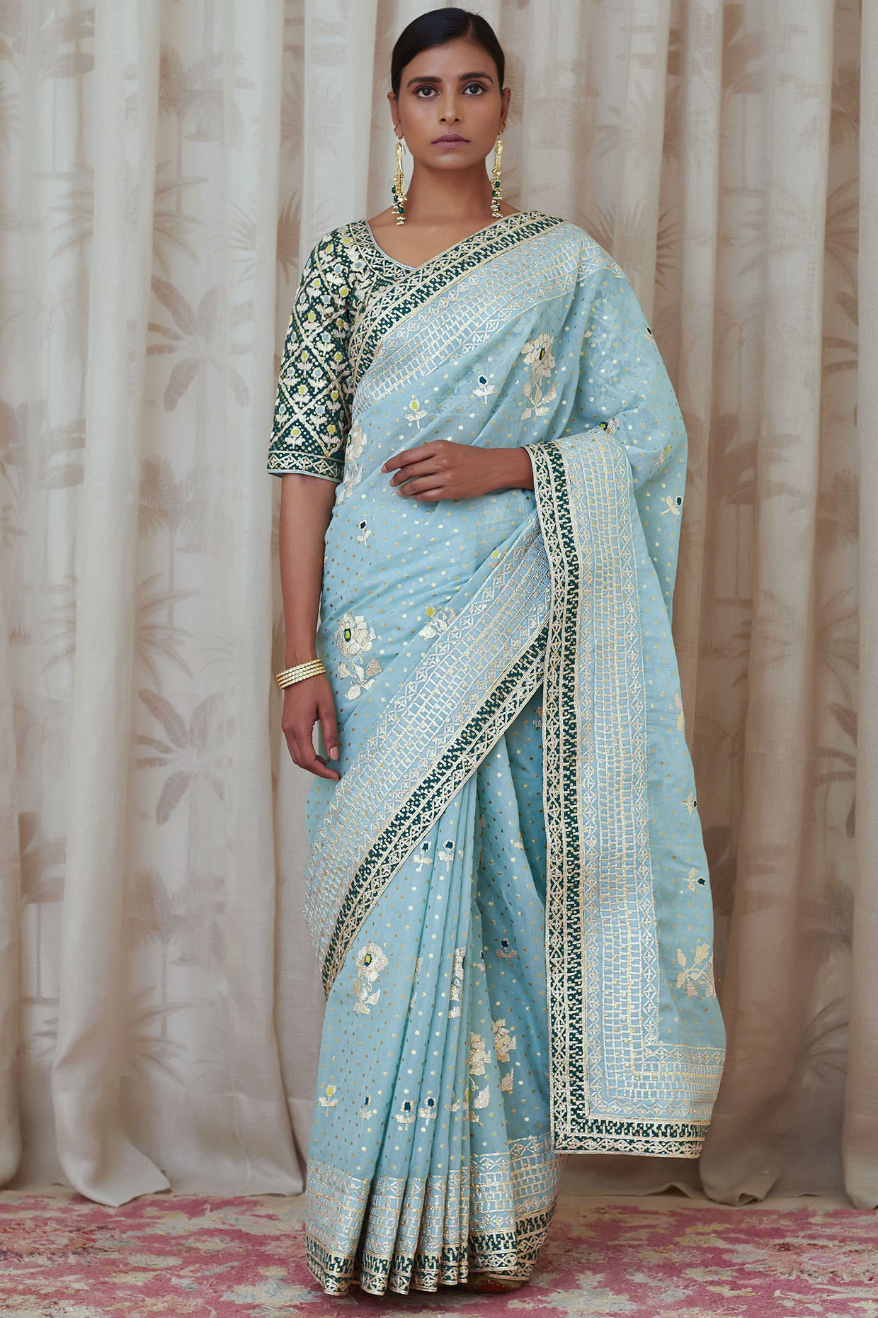 Kora Silk Banarasi Saree - Sea Green and Sea Blue with golden jari – Phulari