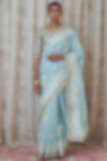 Sea Blue Embroidered Saree Set by Shyam Narayan Prasad
