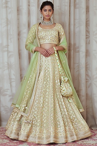 Lemon Green Embroidered Lehenga Set by Shyam Narayan Prasad