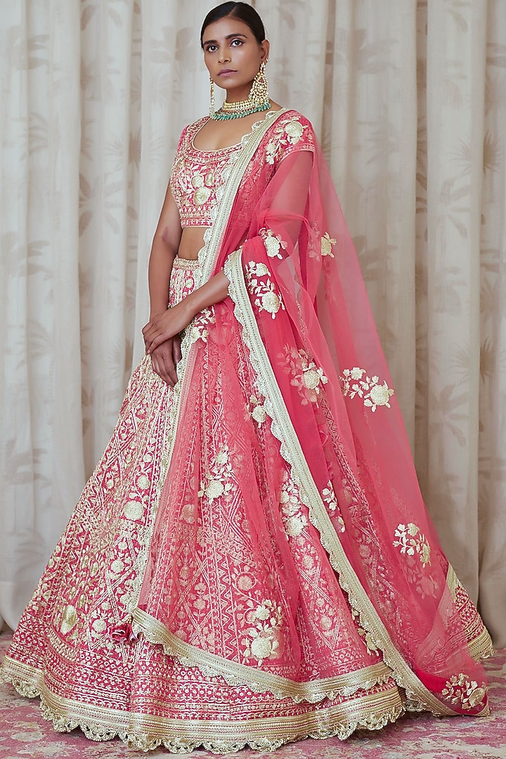 Coral Pink Embroidered Wedding Lehenga Set by Shyam Narayan Prasad at Pernia's Pop Up Shop
