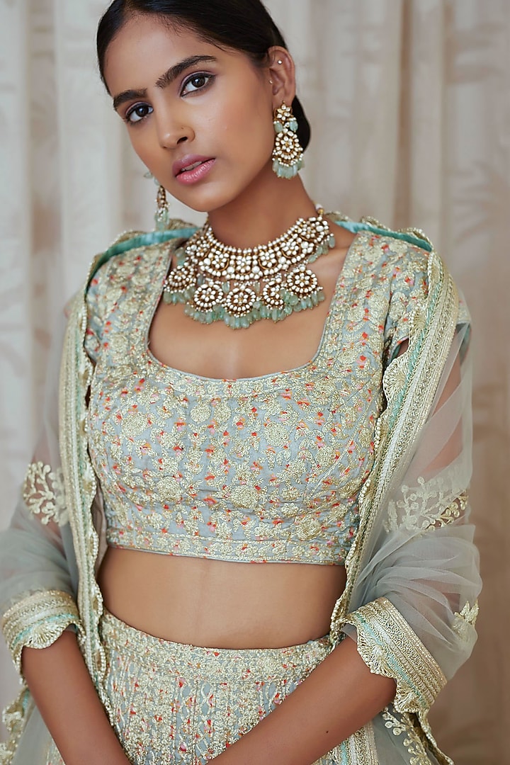 Silver Grey & Mint Embroidered Wedding Lehenga Set by Shyam Narayan Prasad at Pernia's Pop Up Shop