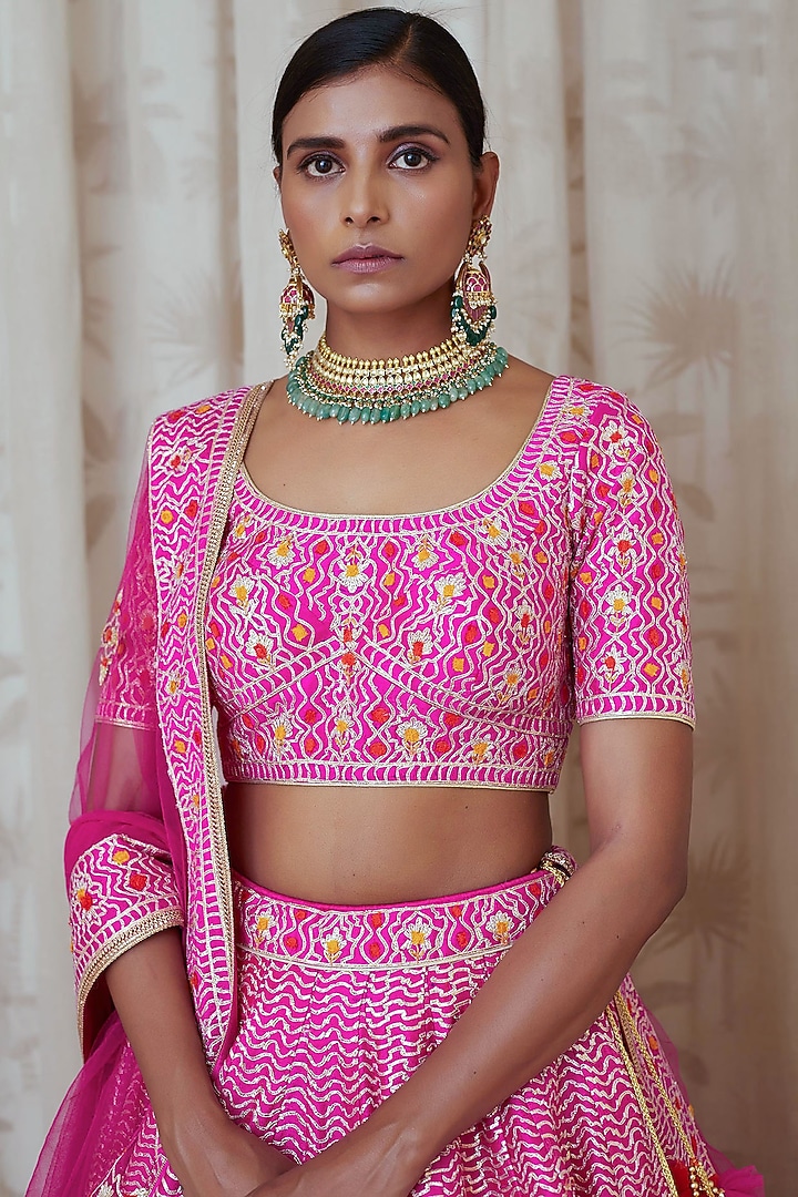 Magenta Pink Embroidered Wedding Lehenga Set by Shyam Narayan Prasad at Pernia's Pop Up Shop