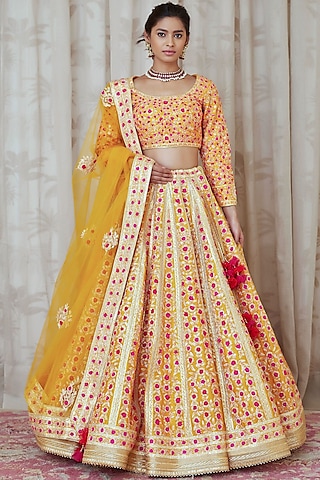 Mustard Embroidered Lehenga Set by Shyam Narayan Prasad