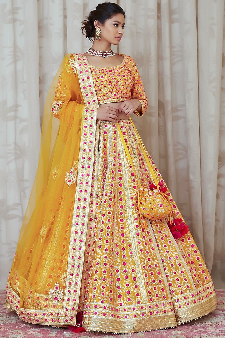 Mustard Embroidered Wedding Lehenga Set by Shyam Narayan Prasad at Pernia's Pop Up Shop