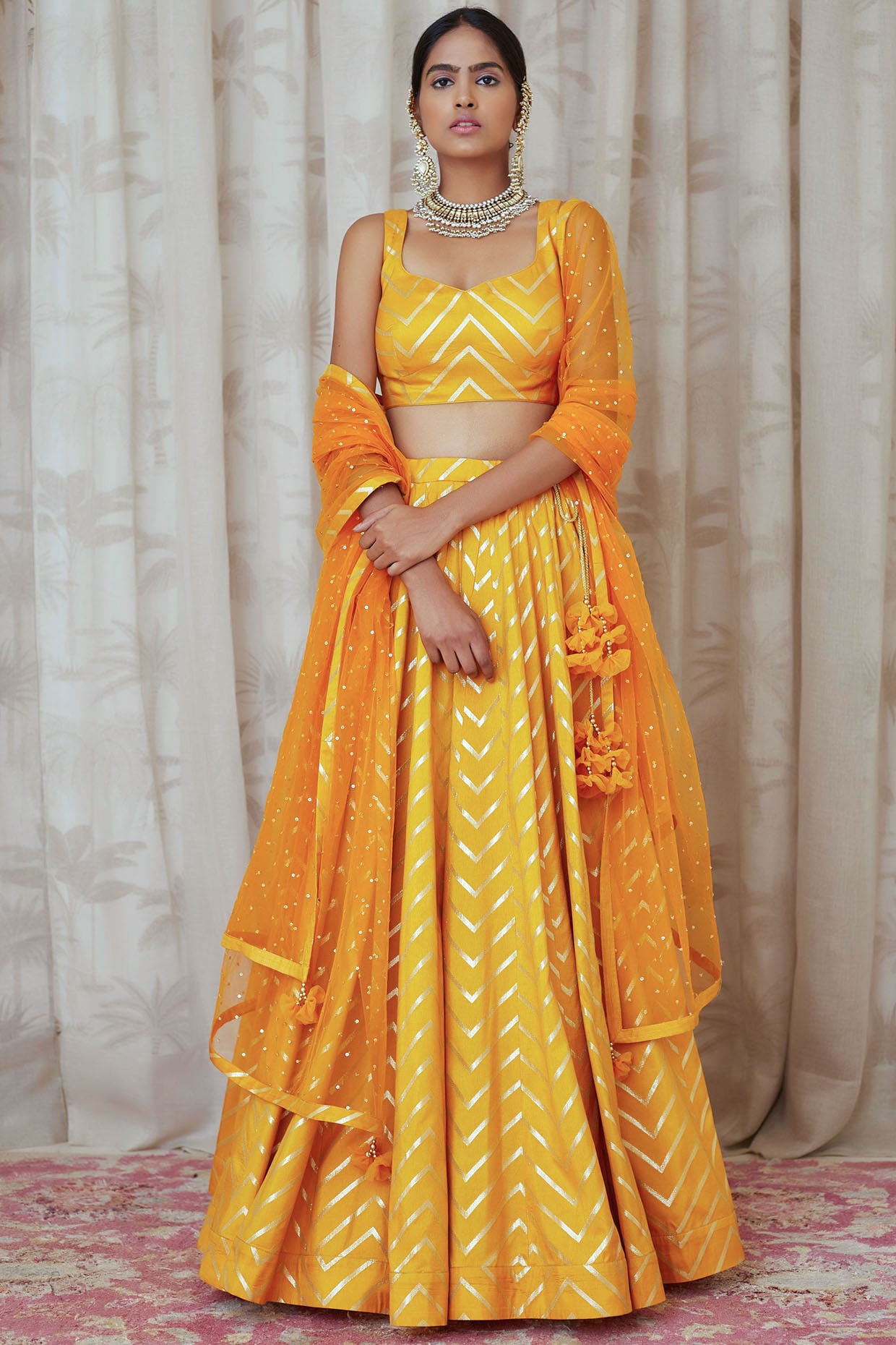 Orange & Yellow Yellow and Orange Brocade Lehenga Set by AZRA for rent  online | FLYROBE