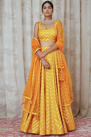 Mustard Zardosi Embroidered Lehenga Set by Shyam Narayan Prasad