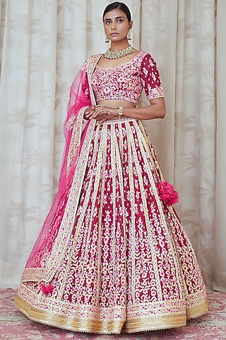 Maroon Thread Embroidered Lehenga Set by Shyam Narayan Prasad
