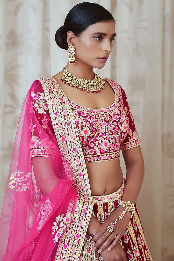 Maroon Thread Embroidered Wedding Lehenga Set by Shyam Narayan Prasad at Pernia's Pop Up Shop