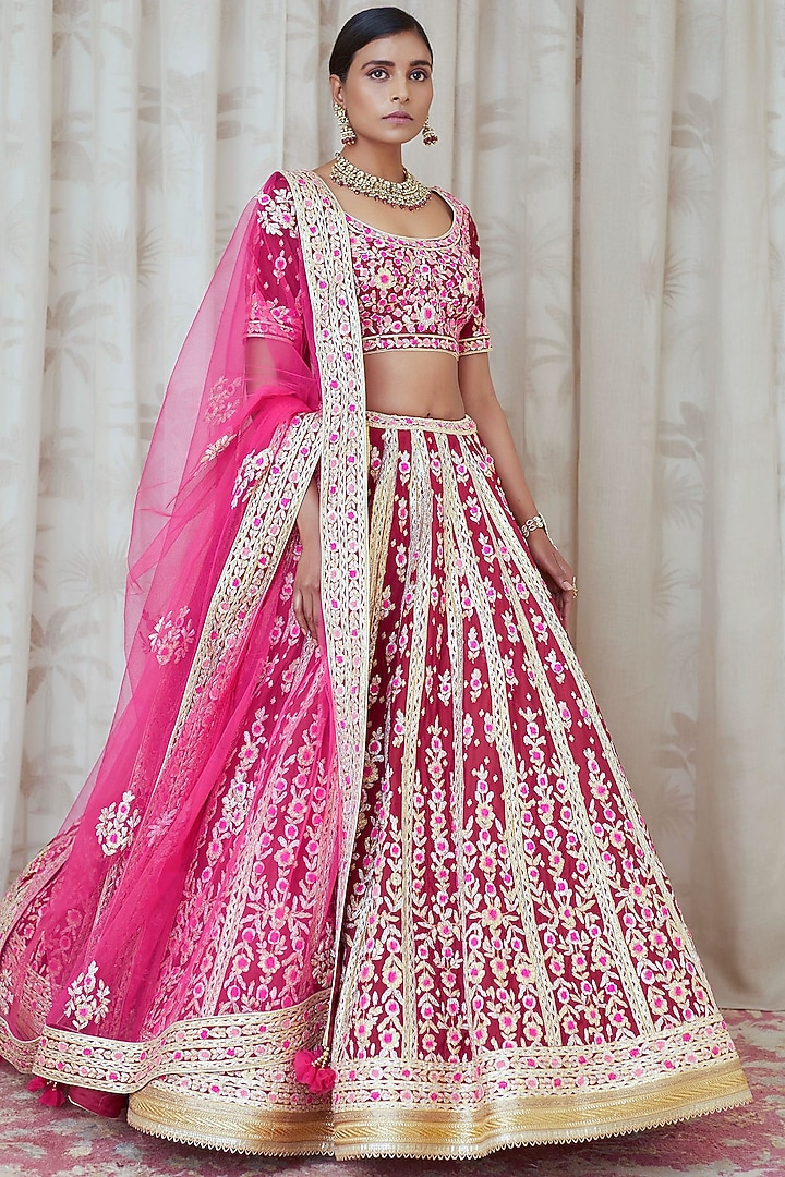 Maroon Thread Embroidered Wedding Lehenga Set by Shyam Narayan Prasad at Pernia's Pop Up Shop